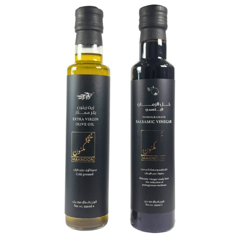 MAKNOON: Duo of Extra Virgin Olive Oil and Pomegranate Balsamic Vinegar from Lebanon (250 ml each)
