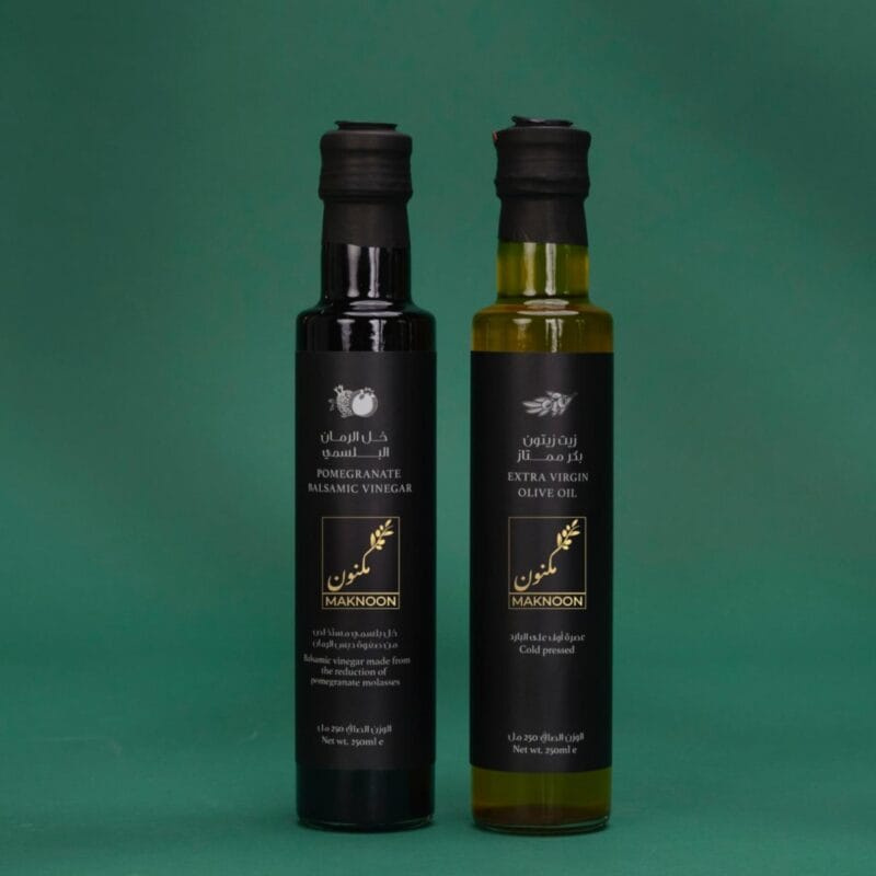 MAKNOON: Duo of Extra Virgin Olive Oil and Pomegranate Balsamic Vinegar from Lebanon (250 ml each)