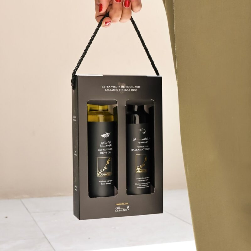MAKNOON: Duo of Extra Virgin Olive Oil and Pomegranate Balsamic Vinegar from Lebanon (250 ml each)