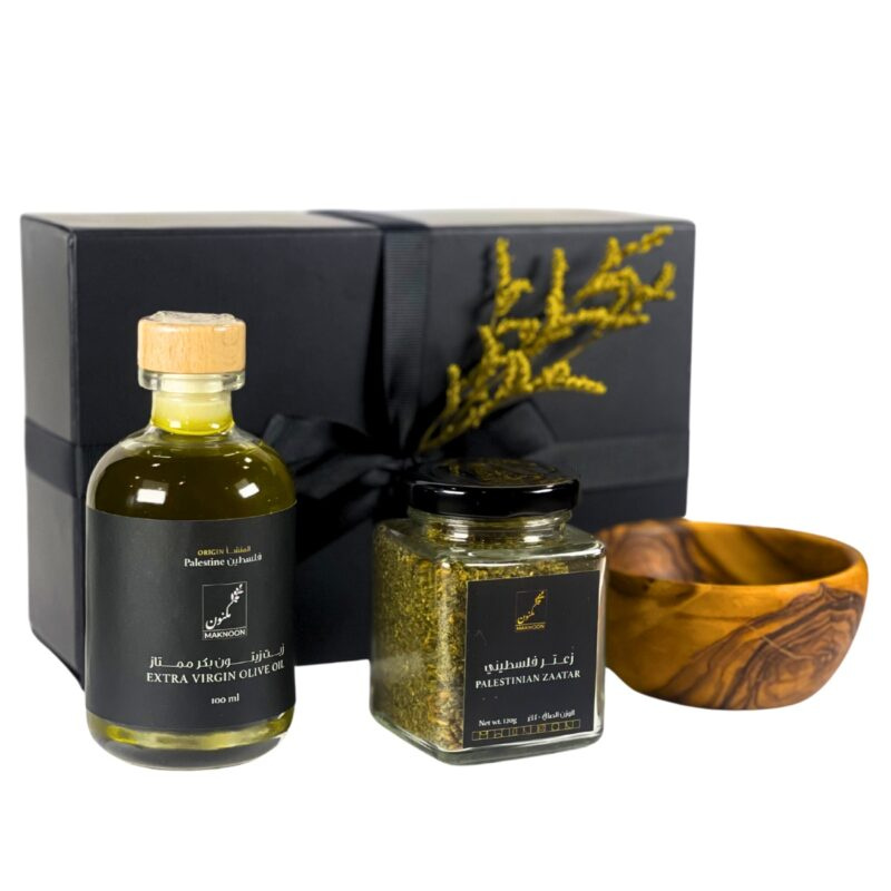 Maknoon - Palestinian Mini Gift Set: Extra Virgin Olive Oil, Zaatar & Olive Wood Bowl